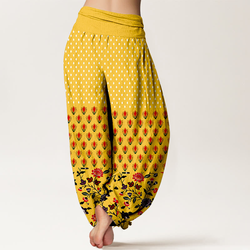 Buddha Stones Cotton Dots Red Purple Flower Pattern Women's Elastic Waist Harem Pants - image 1
