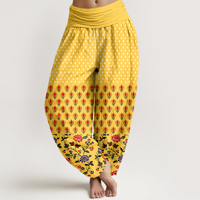 Buddha Stones Cotton Dots Red Purple Flower Pattern Women's Elastic Waist Harem Pants - Gold - US16，UK/AU20，EU48 (3XL) - image 0