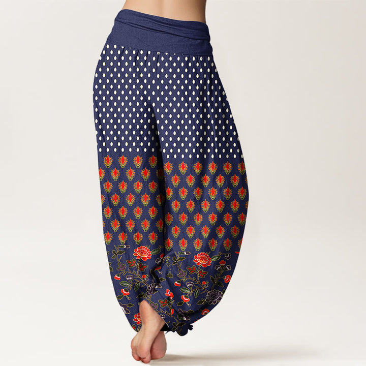 Buddha Stones Cotton Dots Red Purple Flower Pattern Women's Elastic Waist Harem Pants - image 6