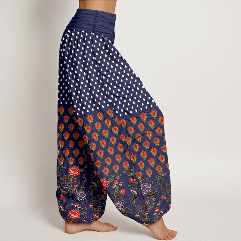 Buddha Stones Cotton Dots Red Purple Flower Pattern Women's Elastic Waist Harem Pants - image 7