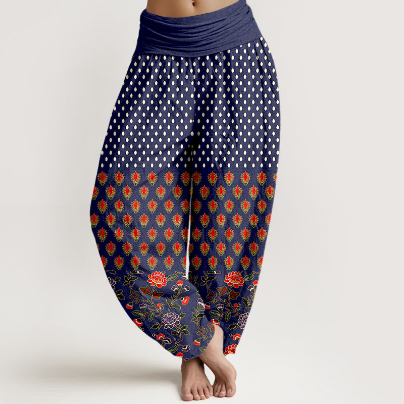 Buddha Stones Cotton Dots Red Purple Flower Pattern Women's Elastic Waist Harem Pants - MidnightBlue - US16，UK/AU20，EU48 (3XL) - image 5