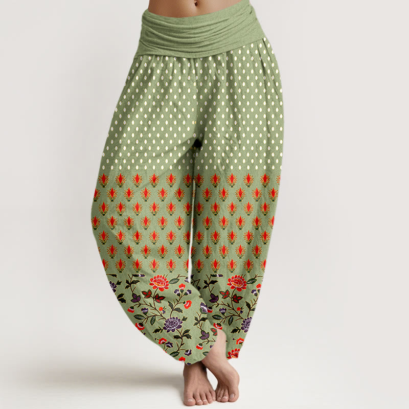 Buddha Stones Cotton Dots Red Purple Flower Pattern Women's Elastic Waist Harem Pants - DarkSeaGreen - US16，UK/AU20，EU48 (3XL) - image 8