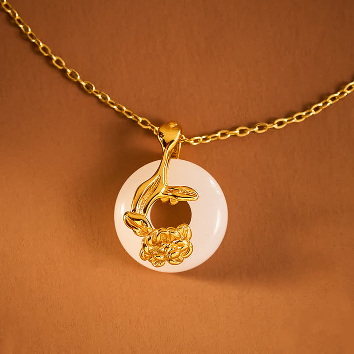 Buddha Stones 925 Sterling Silver Peony Peace Buckle Hetian White Jade Blessing Necklace Pendant - image 2