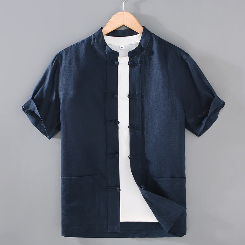 Buddha Stones Vintage Plain Tang Suit Chinese Frog-Button Men's Shirt With Pockets - MidnightBlue - US/UK/AU46，EU56 (5XL) - image 9