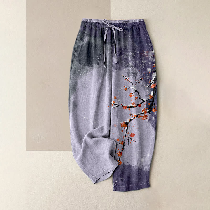 Buddha Stones Pure Cotton Plum Blossom Snow Pattern Women's Elastic Waist Pants With Pockets - Lavender - US16，UK/AU20，EU48 (3XL) - image 3