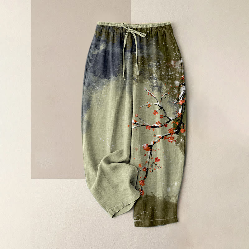 Buddha Stones Pure Cotton Plum Blossom Snow Pattern Women's Elastic Waist Pants With Pockets - DarkSeaGreen - US16，UK/AU20，EU48 (3XL) - image 4