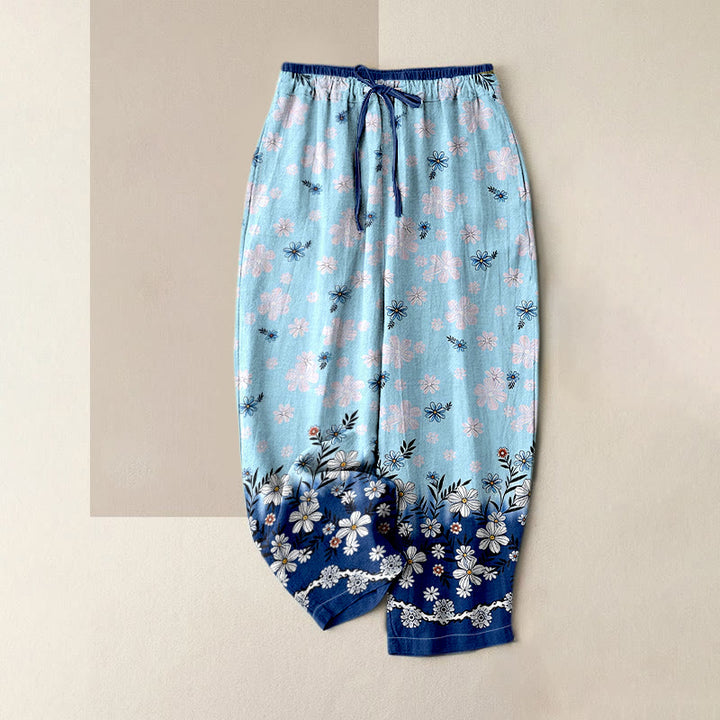 Buddha Stones Pure Cotton Daisy Pattern Women's Elastic Waist Pants With Pockets - SkyBlue - US16，UK/AU20，EU48 (3XL) - image 0