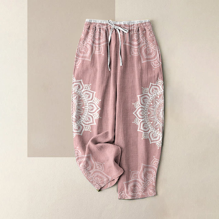 Buddha Stones Pure Cotton Mandala Pattern Women's Elastic Waist Pants With Pockets - LightPink - US16，UK/AU20，EU48 (3XL) - image 0