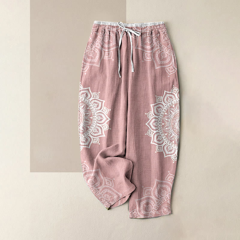 Buddha Stones Pure Cotton Mandala Pattern Women's Elastic Waist Pants With Pockets - LightPink - US16，UK/AU20，EU48 (3XL) - image 0