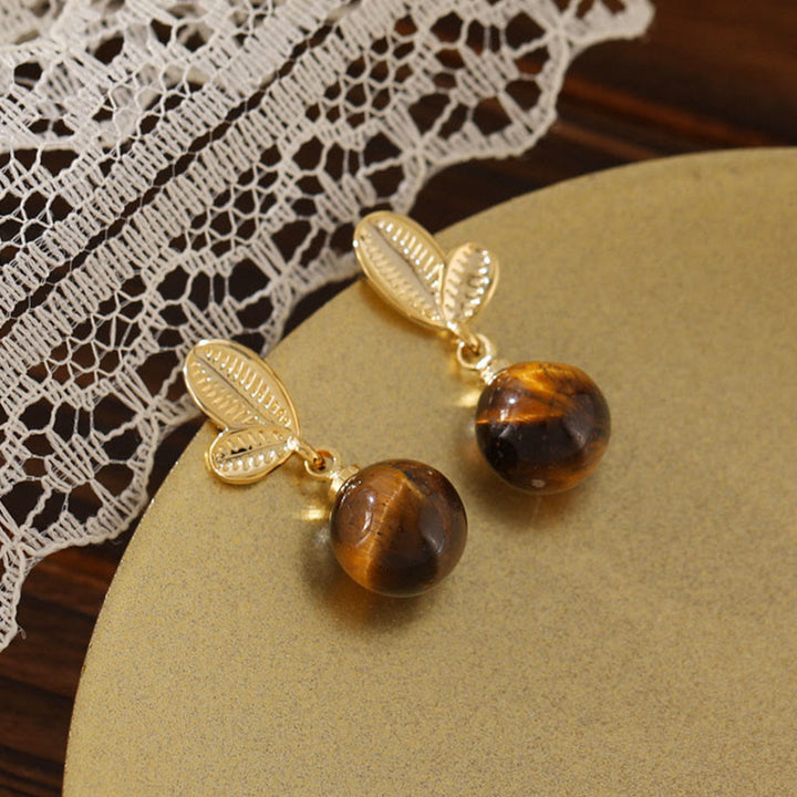 Buddha Stones Tiger Eye Leaves Design Copper Protection Earrings - image 1