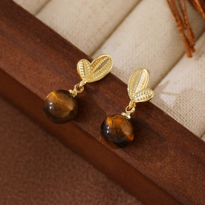 Buddha Stones Tiger Eye Leaves Design Copper Protection Earrings - 8mm Tiger Eye(Copper Posts) - image 0