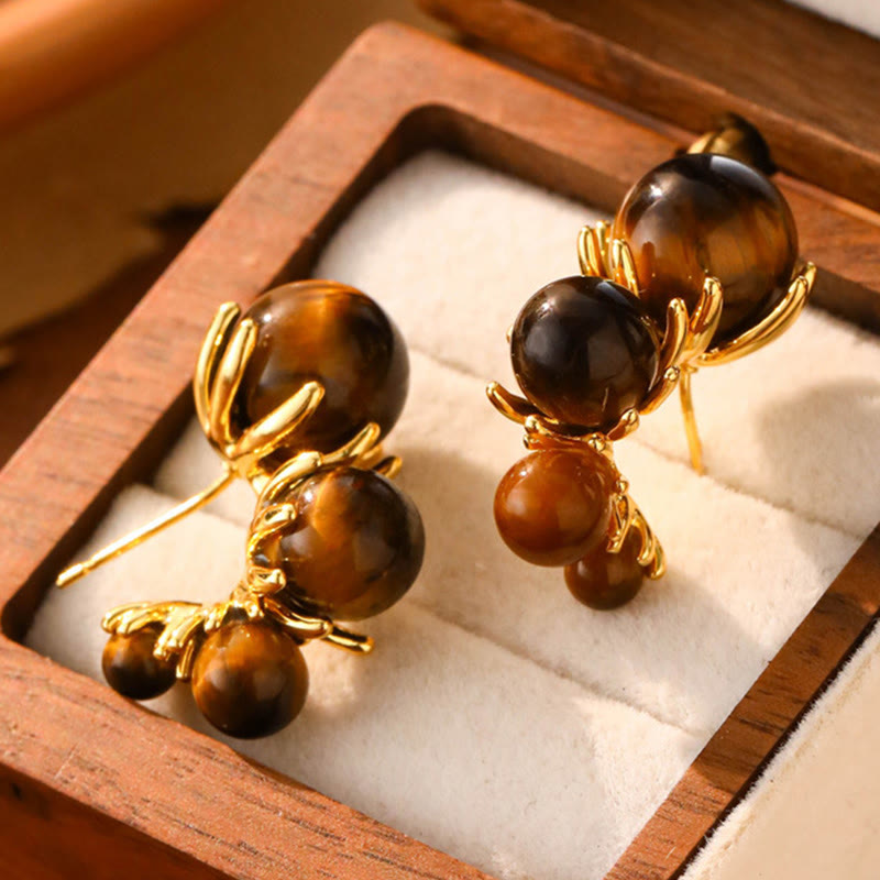 Buddha Stones Tiger Eye Round Bead Fish Tail Irregular Design Protection Earrings - C-shape(925 Sterling Silver Posts) - image 7