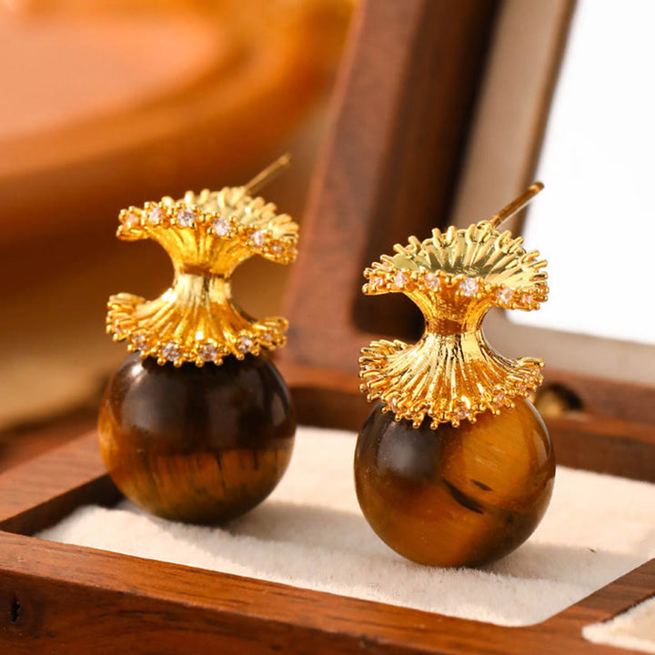 Buddha Stones Tiger Eye Round Bead Fish Tail Irregular Design Protection Earrings - Spiral(925 Sterling Silver Posts) - image 3