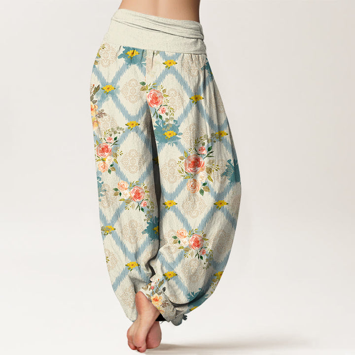 Buddha Stones Cotton Rose Geometric Colorful Flower Pattern Women's Elastic Waist Harem Pants - image 1