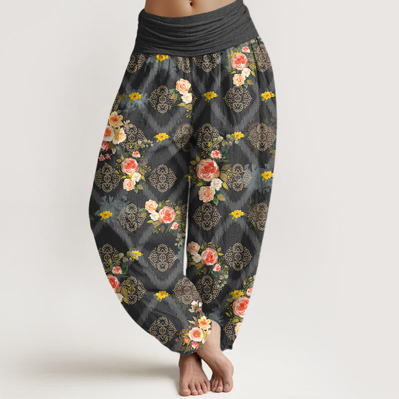 Buddha Stones Cotton Rose Geometric Colorful Flower Pattern Women's Elastic Waist Harem Pants - DimGray - US16，UK/AU20，EU48 (3XL) - image 5