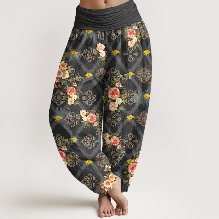 Buddha Stones Cotton Rose Geometric Colorful Flower Pattern Women's Elastic Waist Harem Pants - DimGray - US16，UK/AU20，EU48 (3XL) - image 5
