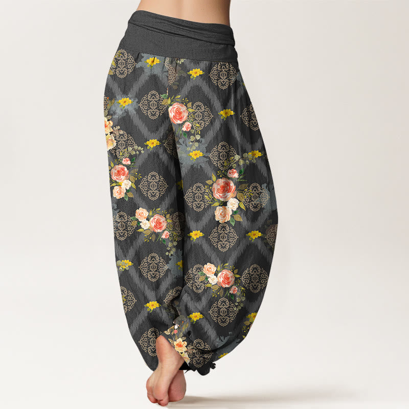 Buddha Stones Cotton Rose Geometric Colorful Flower Pattern Women's Elastic Waist Harem Pants - image 6