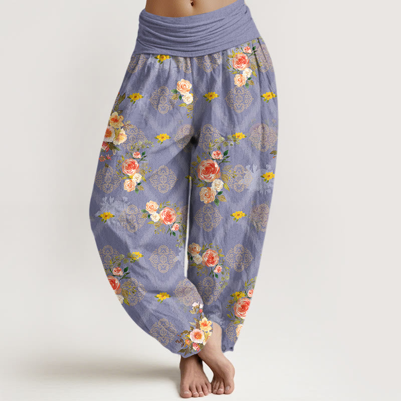 Buddha Stones Cotton Rose Geometric Colorful Flower Pattern Women's Elastic Waist Harem Pants - Lavender - US16，UK/AU20，EU48 (3XL) - image 8