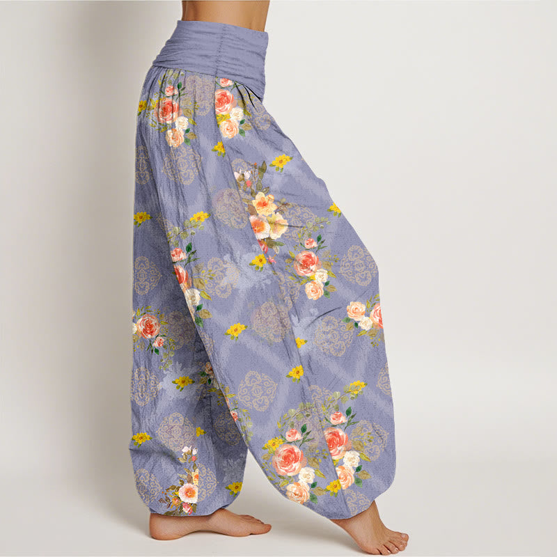Buddha Stones Cotton Rose Geometric Colorful Flower Pattern Women's Elastic Waist Harem Pants - image 10