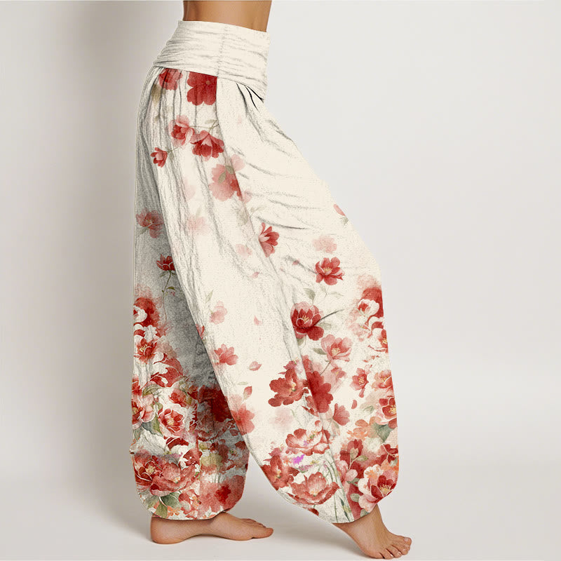 Buddha Stones Cotton Camellia Peony Blossom Pattern Women's Elastic Waist Harem Pants - image 2