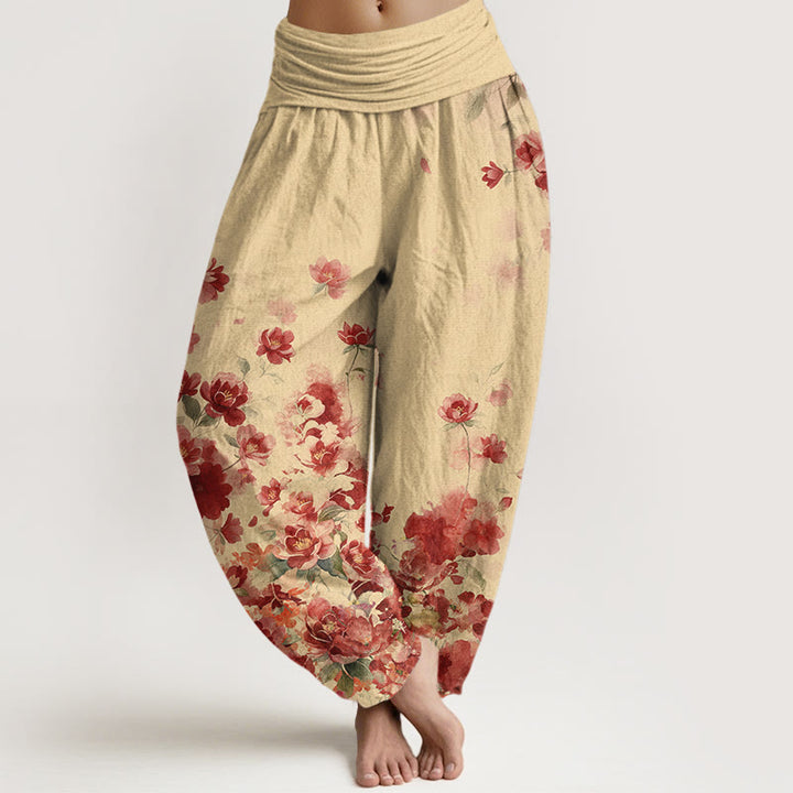 Buddha Stones Cotton Camellia Peony Blossom Pattern Women's Elastic Waist Harem Pants - LemonChiffon - US16，UK/AU20，EU48 (3XL) - image 5