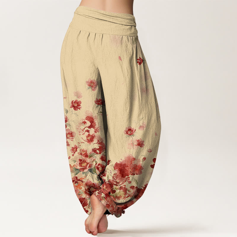 Buddha Stones Cotton Camellia Peony Blossom Pattern Women's Elastic Waist Harem Pants - image 6