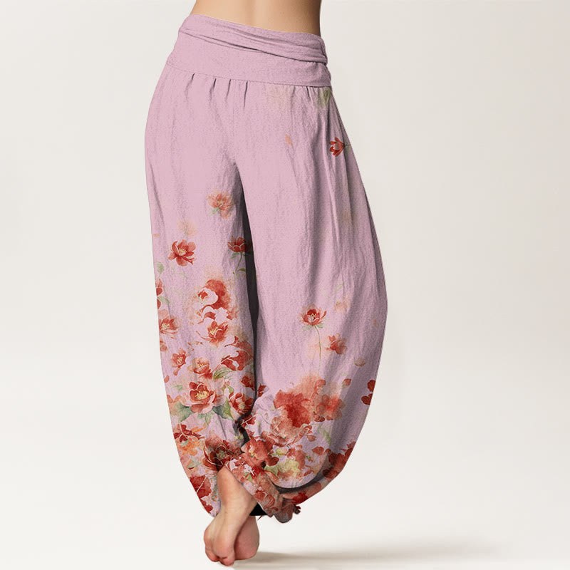 Buddha Stones Cotton Camellia Peony Blossom Pattern Women's Elastic Waist Harem Pants - image 9