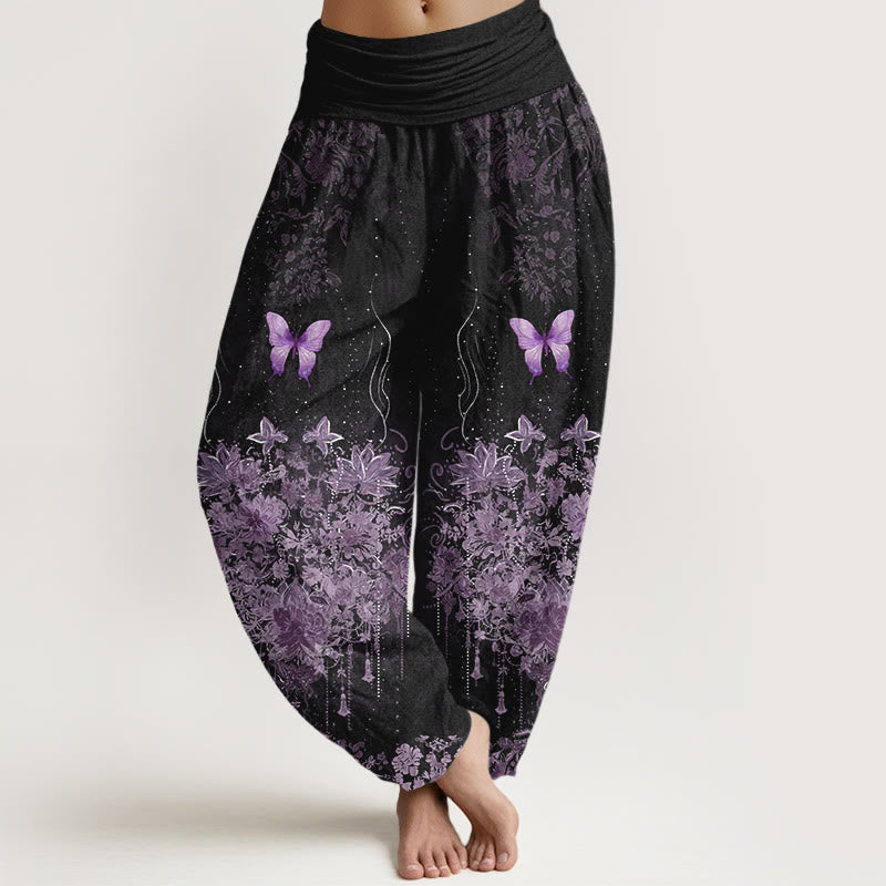 Buddha Stones Cotton Butterfly Floral Pattern Women's Elastic Waist Harem Pants - Black - US16，UK/AU20，EU48 (3XL) - image 0