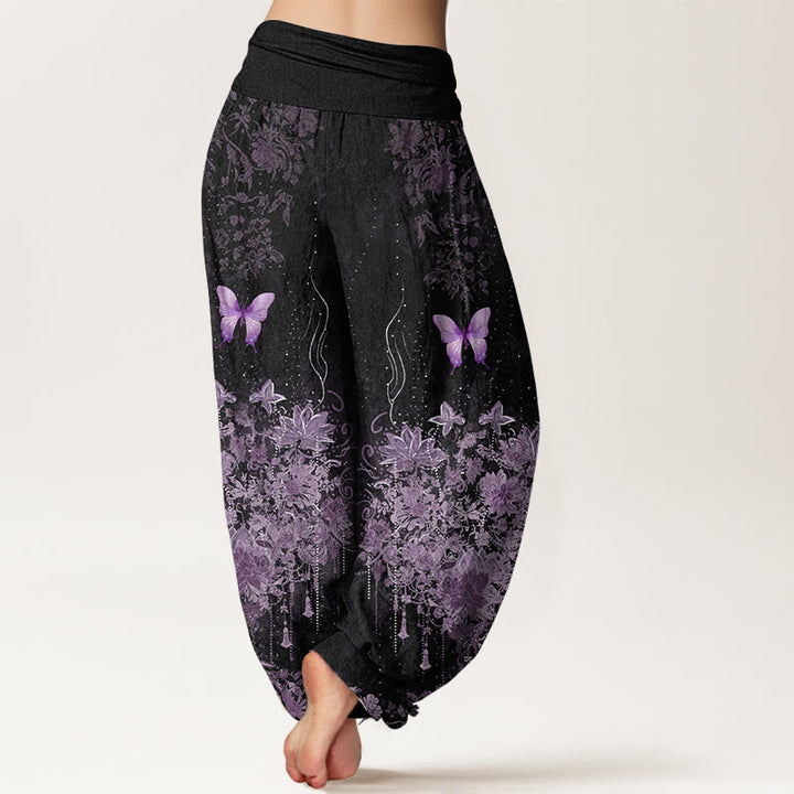 Buddha Stones Cotton Butterfly Floral Pattern Women's Elastic Waist Harem Pants - image 1