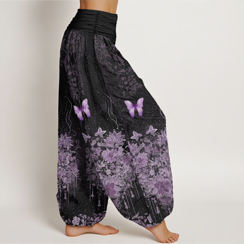 Buddha Stones Cotton Butterfly Floral Pattern Women's Elastic Waist Harem Pants - image 2