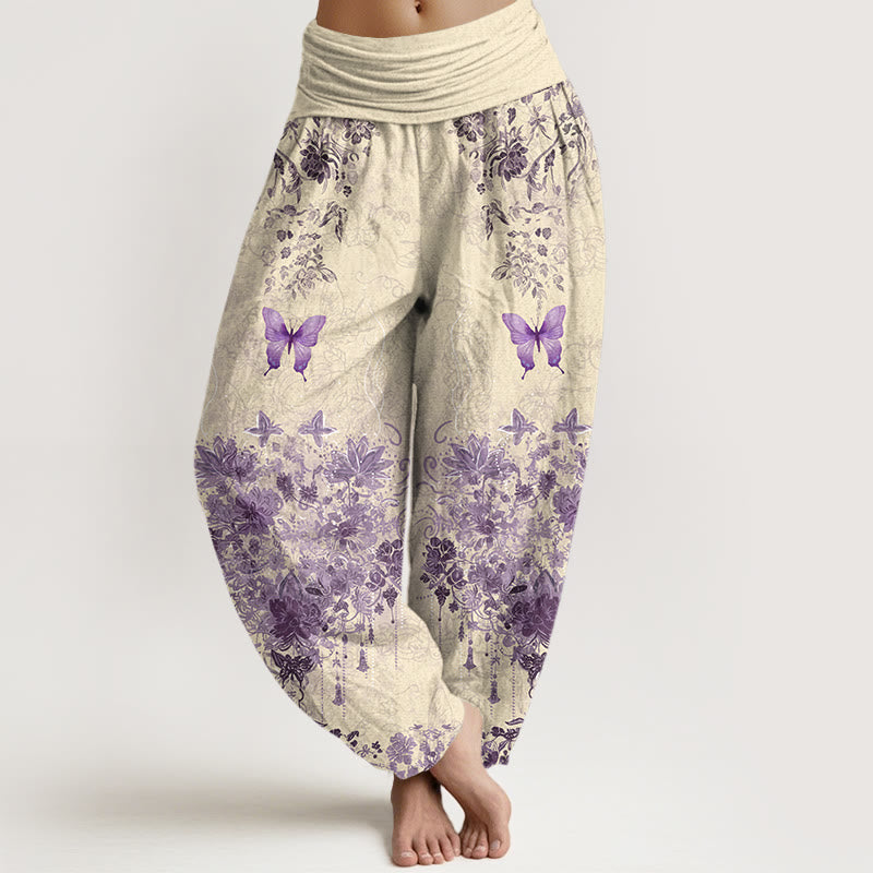 Buddha Stones Cotton Butterfly Floral Pattern Women's Elastic Waist Harem Pants - Beige - US16，UK/AU20，EU48 (3XL) - image 5