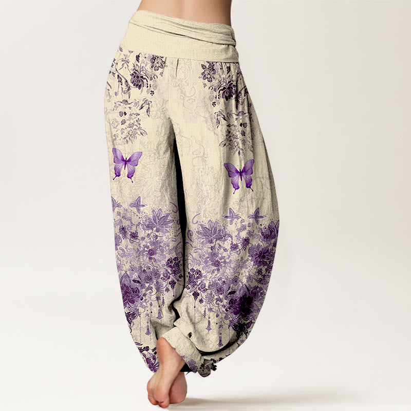 Buddha Stones Cotton Butterfly Floral Pattern Women's Elastic Waist Harem Pants - image 6
