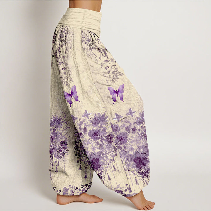 Buddha Stones Cotton Butterfly Floral Pattern Women's Elastic Waist Harem Pants - image 7