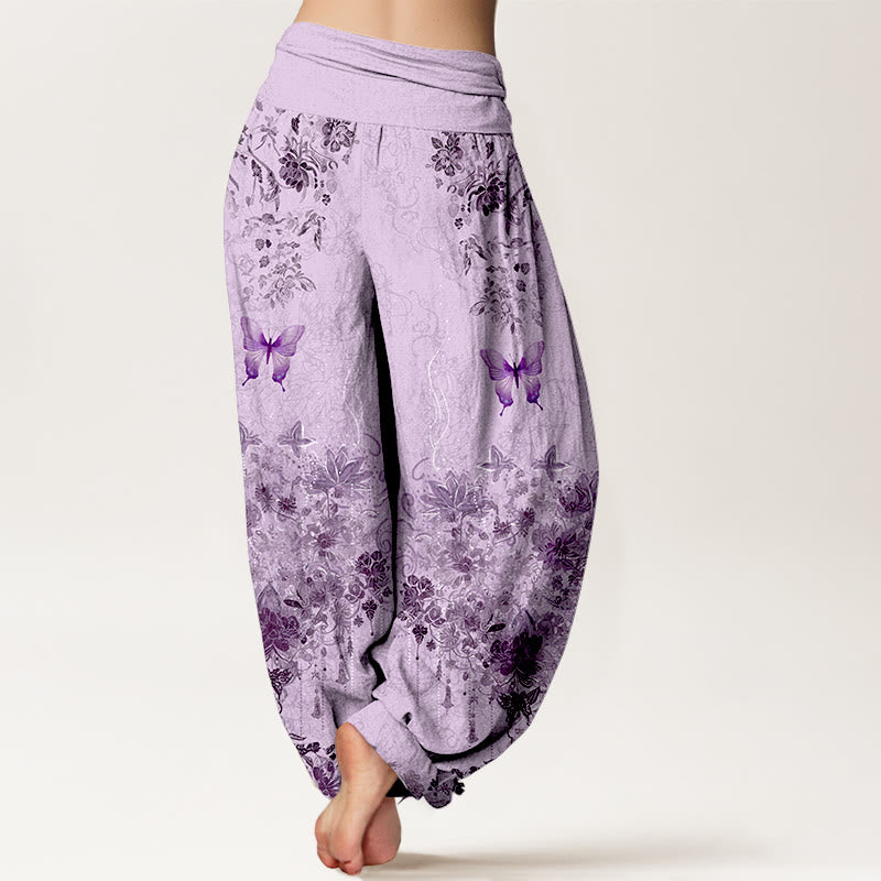 Buddha Stones Cotton Butterfly Floral Pattern Women's Elastic Waist Harem Pants - image 9