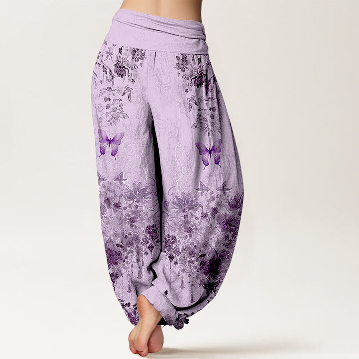 Buddha Stones Cotton Butterfly Floral Pattern Women's Elastic Waist Harem Pants - image 9
