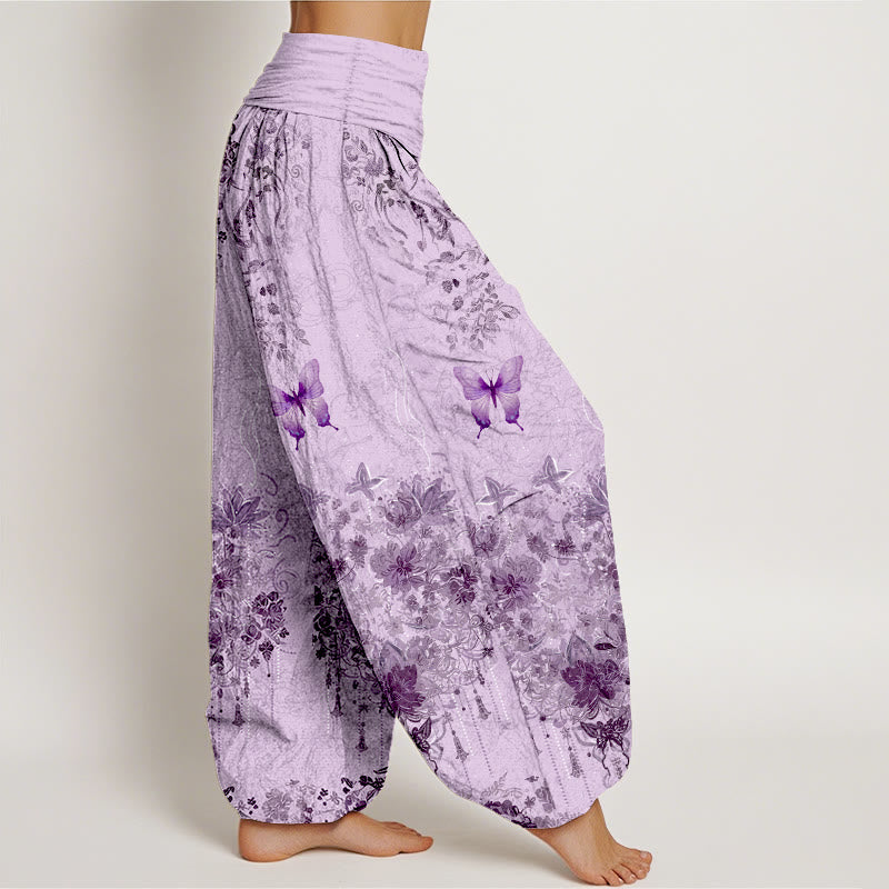 Buddha Stones Cotton Butterfly Floral Pattern Women's Elastic Waist Harem Pants - image 10