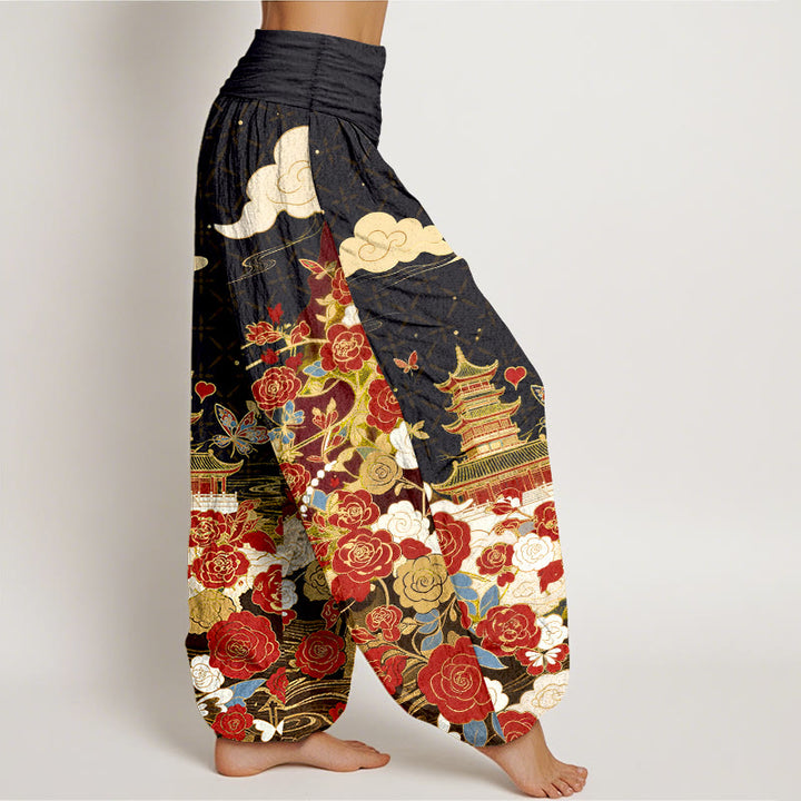 Buddha Stones Cotton Butterfly Rose Pagoda Heart Pattern Women's Elastic Waist Harem Pants - image 2