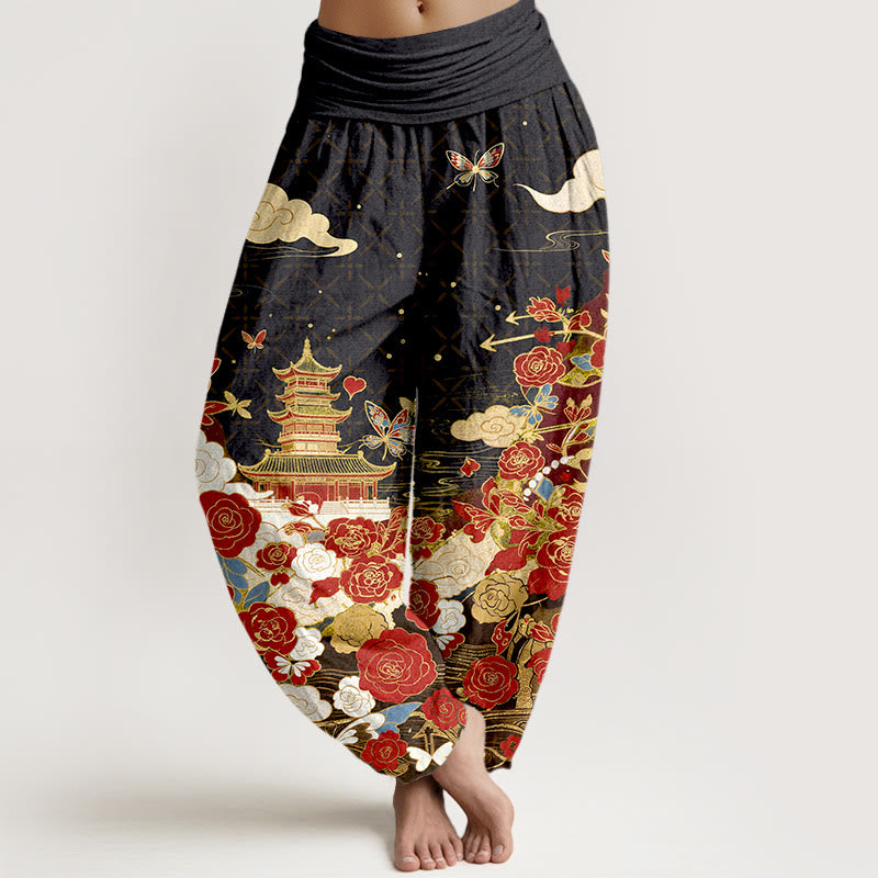 Buddha Stones Cotton Butterfly Rose Pagoda Heart Pattern Women's Elastic Waist Harem Pants - Black - US16，UK/AU20，EU48 (3XL) - image 0