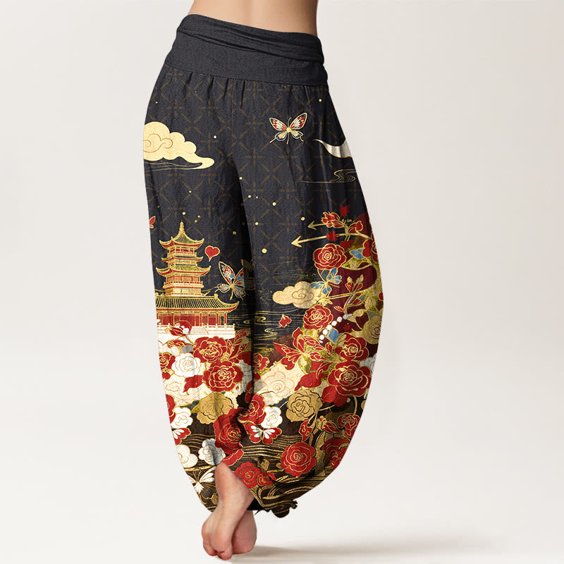 Buddha Stones Cotton Butterfly Rose Pagoda Heart Pattern Women's Elastic Waist Harem Pants - image 1