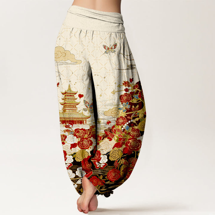 Buddha Stones Cotton Butterfly Rose Pagoda Heart Pattern Women's Elastic Waist Harem Pants - image 6