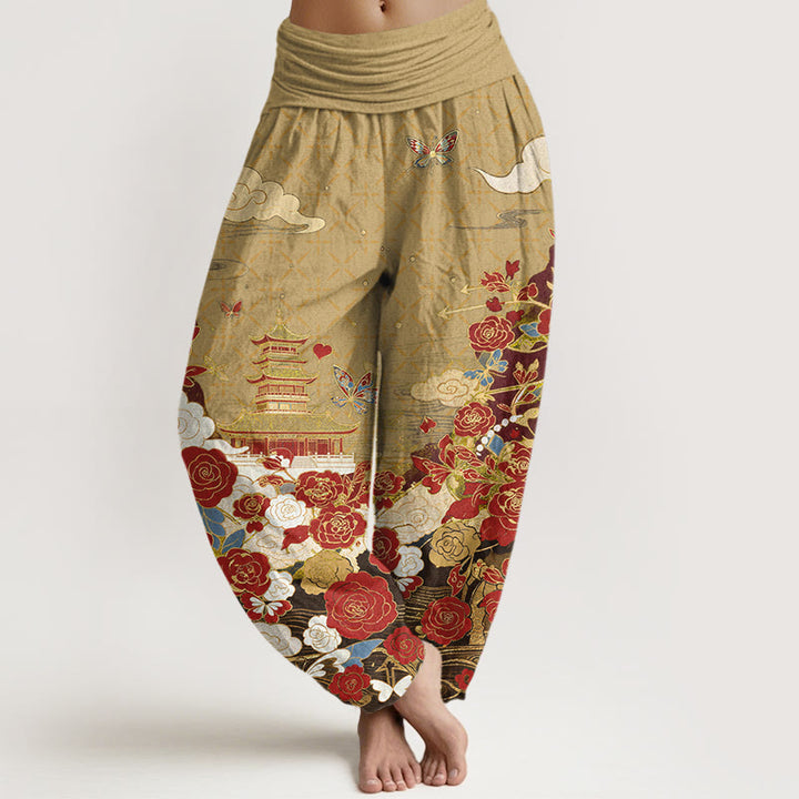Buddha Stones Cotton Butterfly Rose Pagoda Heart Pattern Women's Elastic Waist Harem Pants - DarkKhaki - US16，UK/AU20，EU48 (3XL) - image 8