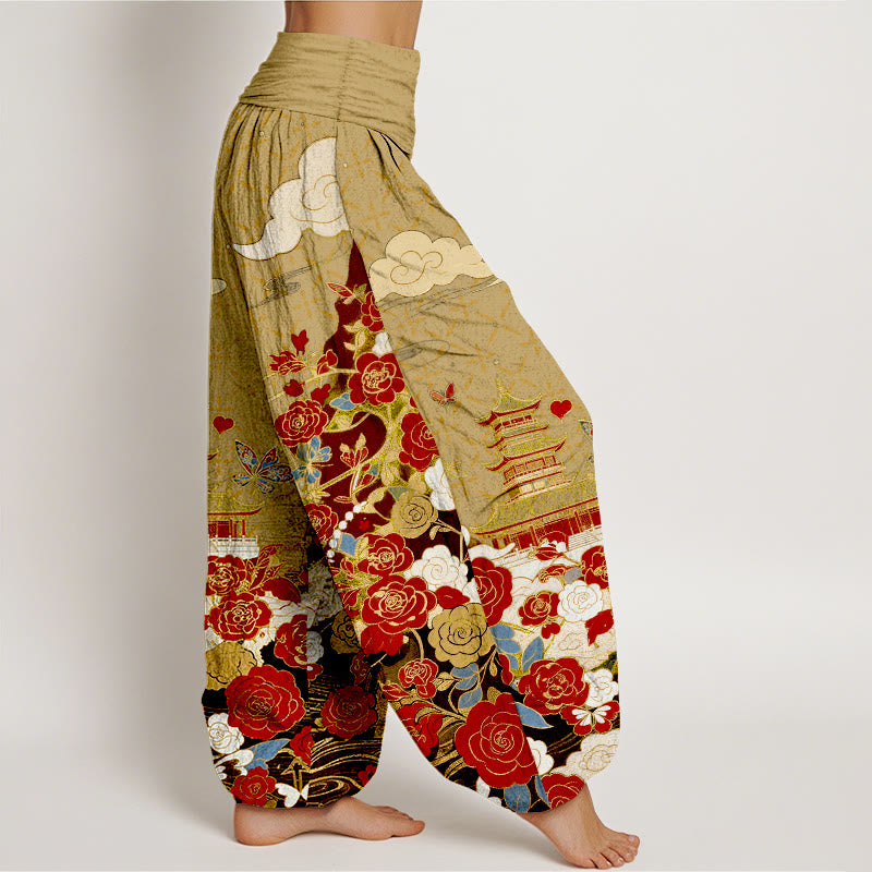 Buddha Stones Cotton Butterfly Rose Pagoda Heart Pattern Women's Elastic Waist Harem Pants - image 10