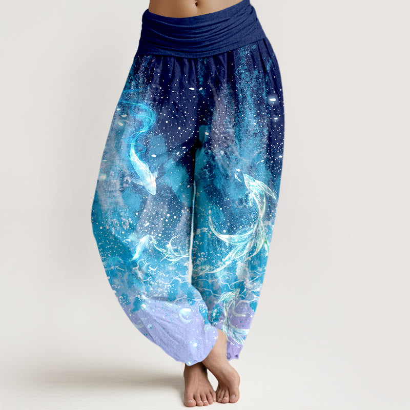 Buddha Stones Cotton Koi Fish Aquatic Pattern Women's Elastic Waist Harem Pants - DarkBlue - US16，UK/AU20，EU48 (3XL) - image 0