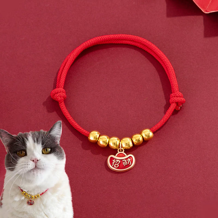 Buddha Stones Red String Bead Yuanbao Fu Character Protection Adjustable Cats Dogs Pet Collar - Copper Coin Yuanbao - 20-33cm - image 0