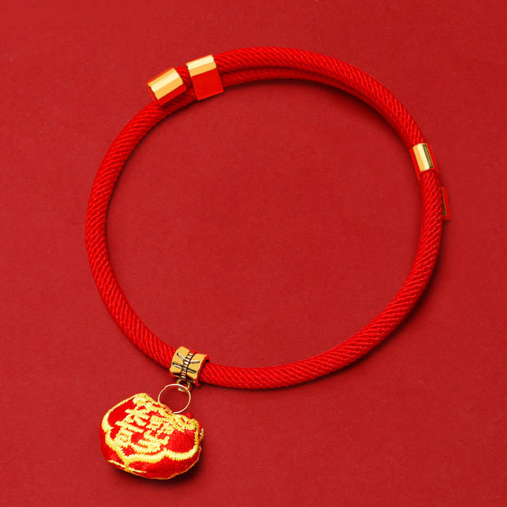 Buddha Stones Red String Plaited Embroidery Tiger Fu Character Protection Adjustable Cats Dogs Pet Collar - Ruyi Lock - 26-44cm - image 11