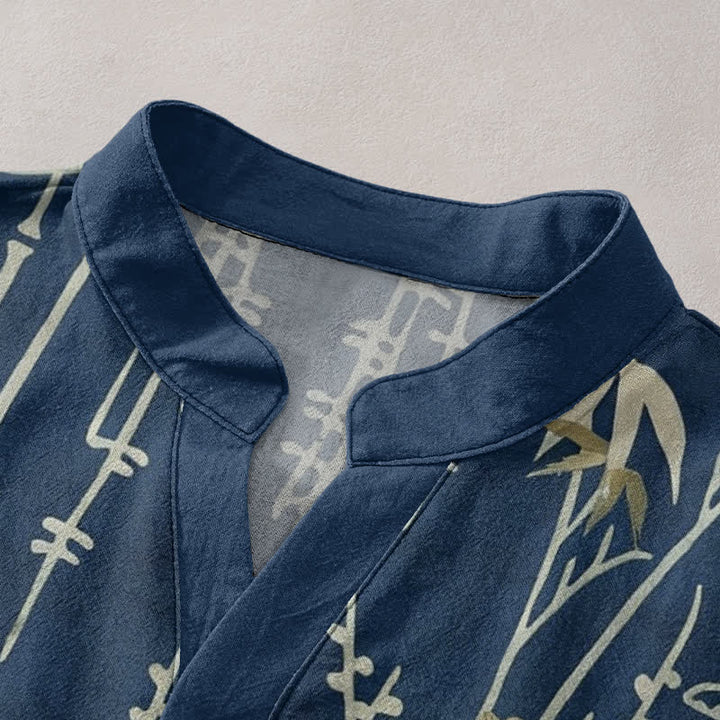 Buddha Stones Cotton Crane Bamboo Floral Pattern Men's Short Sleeve Half Button Shirt - image 2