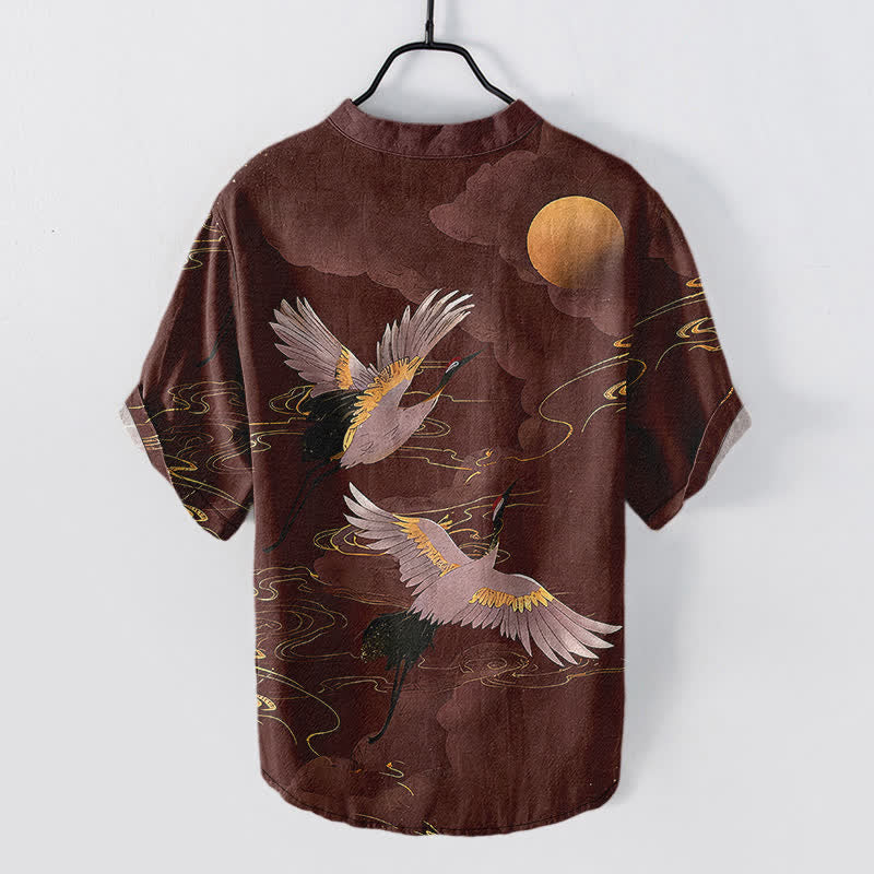 Buddha Stones Cotton Full Moon Crane Pattern Men's Short Sleeve Half Button Shirt - image 8