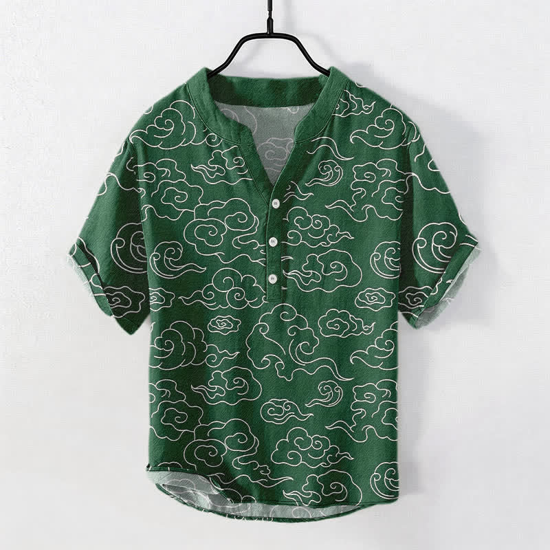 Buddha Stones Cotton Cloud Pattern Men's Short Sleeve Half Button Shirt - SeaGreen - US/UK/AU50，EU60 (5XL) - image 5