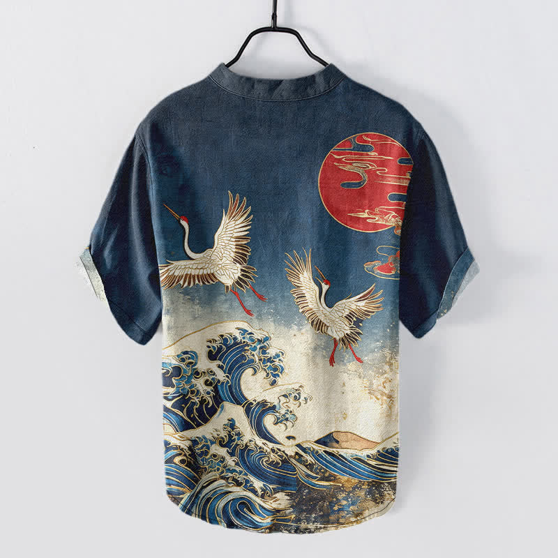 Buddha Stones Cotton Crane Wave Sun Pattern Men's Short Sleeve Half Button Shirt - image 1