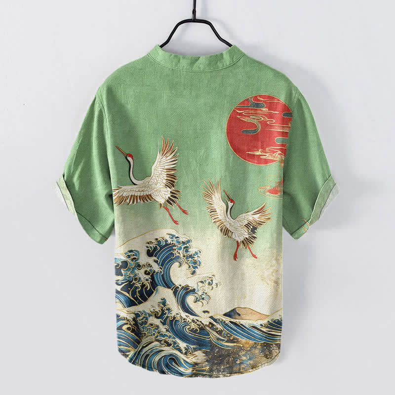 Buddha Stones Cotton Crane Wave Sun Pattern Men's Short Sleeve Half Button Shirt - image 6